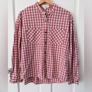 The Korner Red Check Plaid Button Up Shirt Band Collar Pockets Women’s Size M